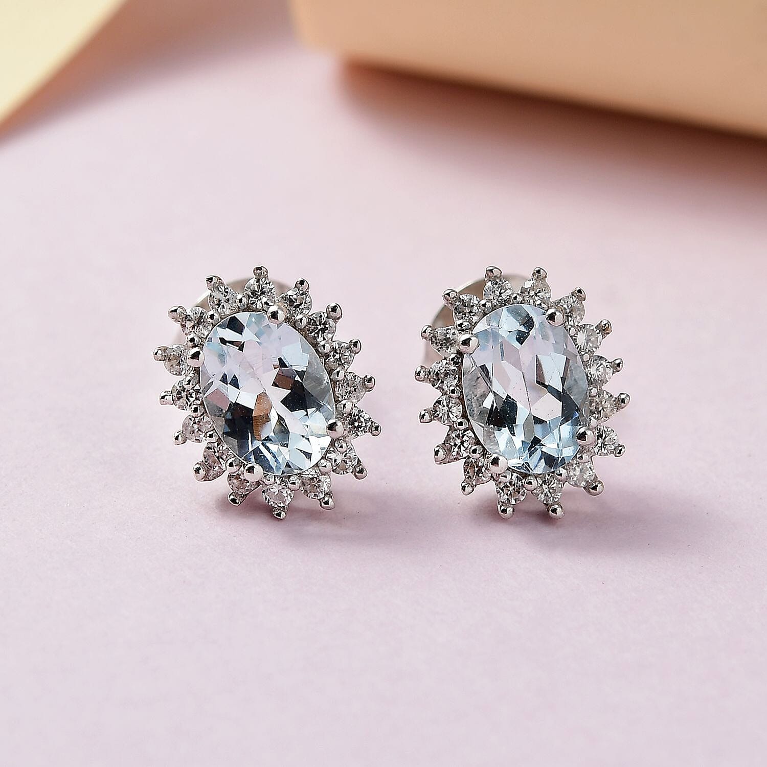 Aquamarine and Natural Zircon Halo Stud Earrings in Platinum Overlay Sterling Silver 2.30 Ct.
